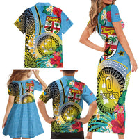 Vanuatu Malampa Fiji Day Family Matching Short Sleeve Bodycon Dress and Hawaiian Shirt Happy 10 October With Maps Tropical Flowers