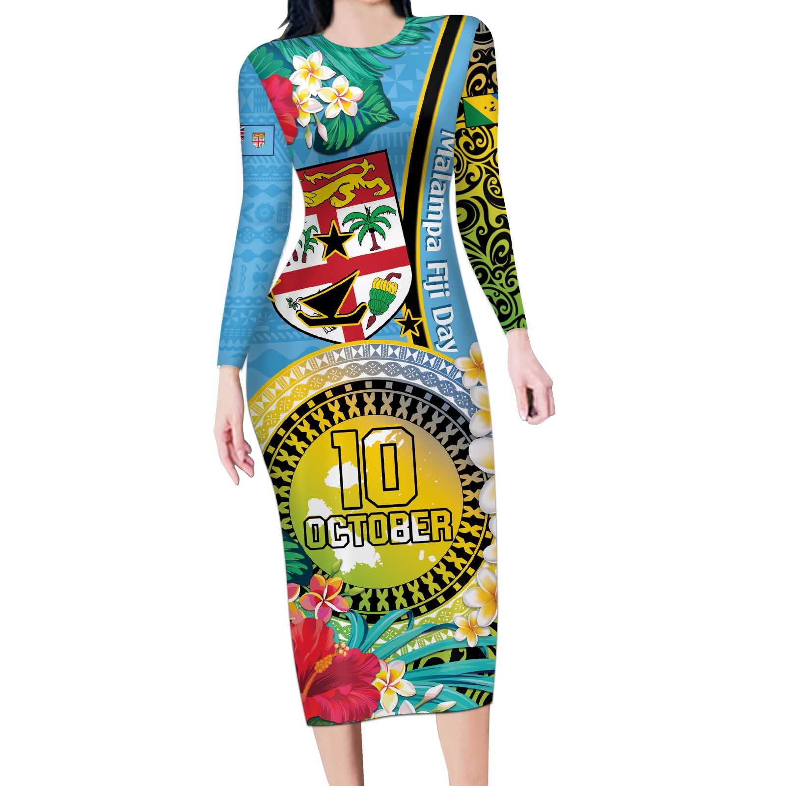 Vanuatu Malampa Fiji Day Long Sleeve Bodycon Dress Happy 10 October With Maps Tropical Flowers