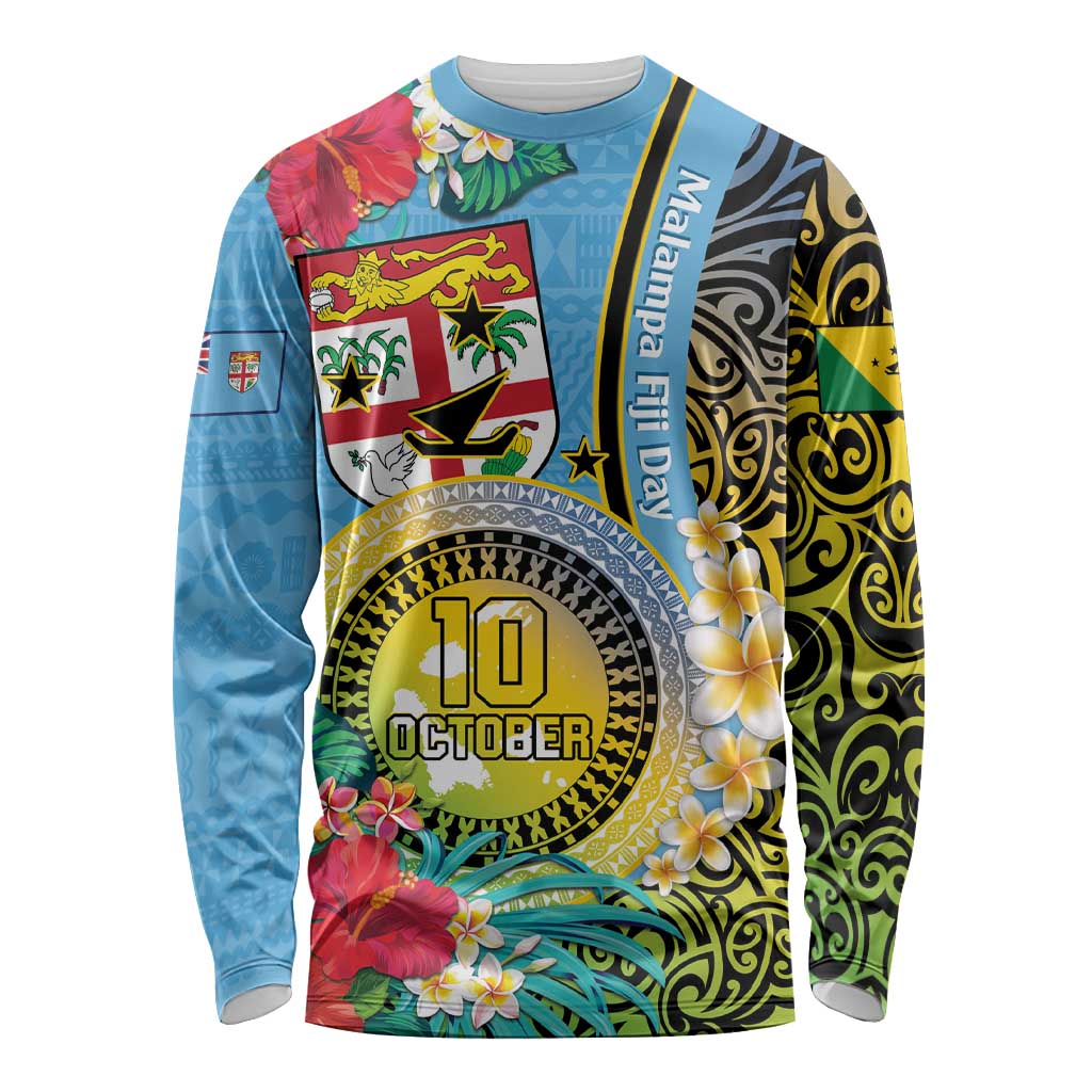 Vanuatu Malampa Fiji Day Long Sleeve Shirt Happy 10 October With Maps Tropical Flowers