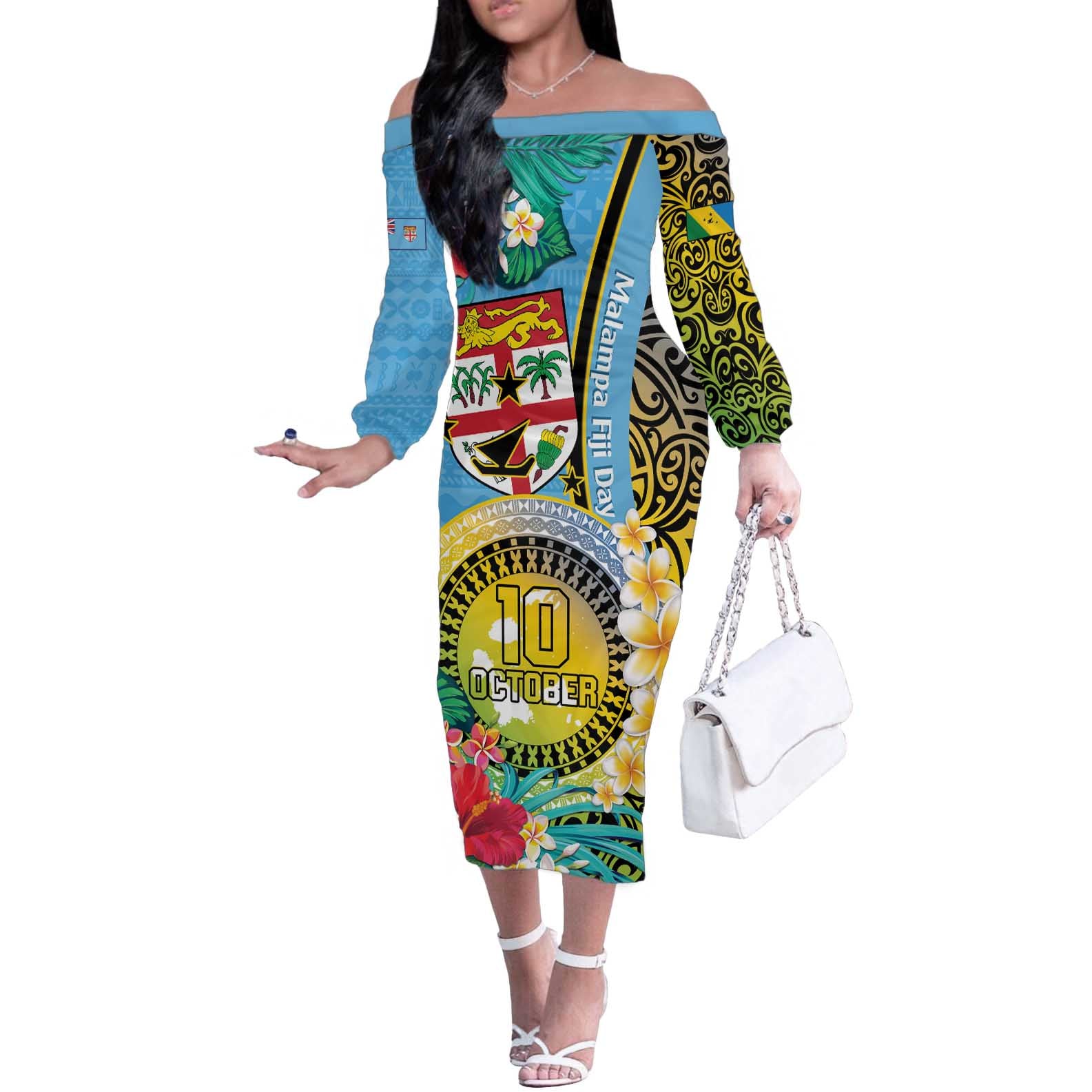 Vanuatu Malampa Fiji Day Off The Shoulder Long Sleeve Dress Happy 10 October With Maps Tropical Flowers