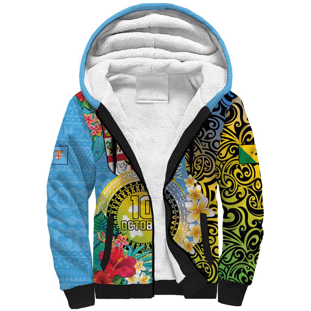 Vanuatu Malampa Fiji Day Sherpa Hoodie Happy 10 October With Maps Tropical Flowers