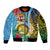 Vanuatu Malampa Fiji Day Sleeve Zip Bomber Jacket Happy 10 October With Maps Tropical Flowers