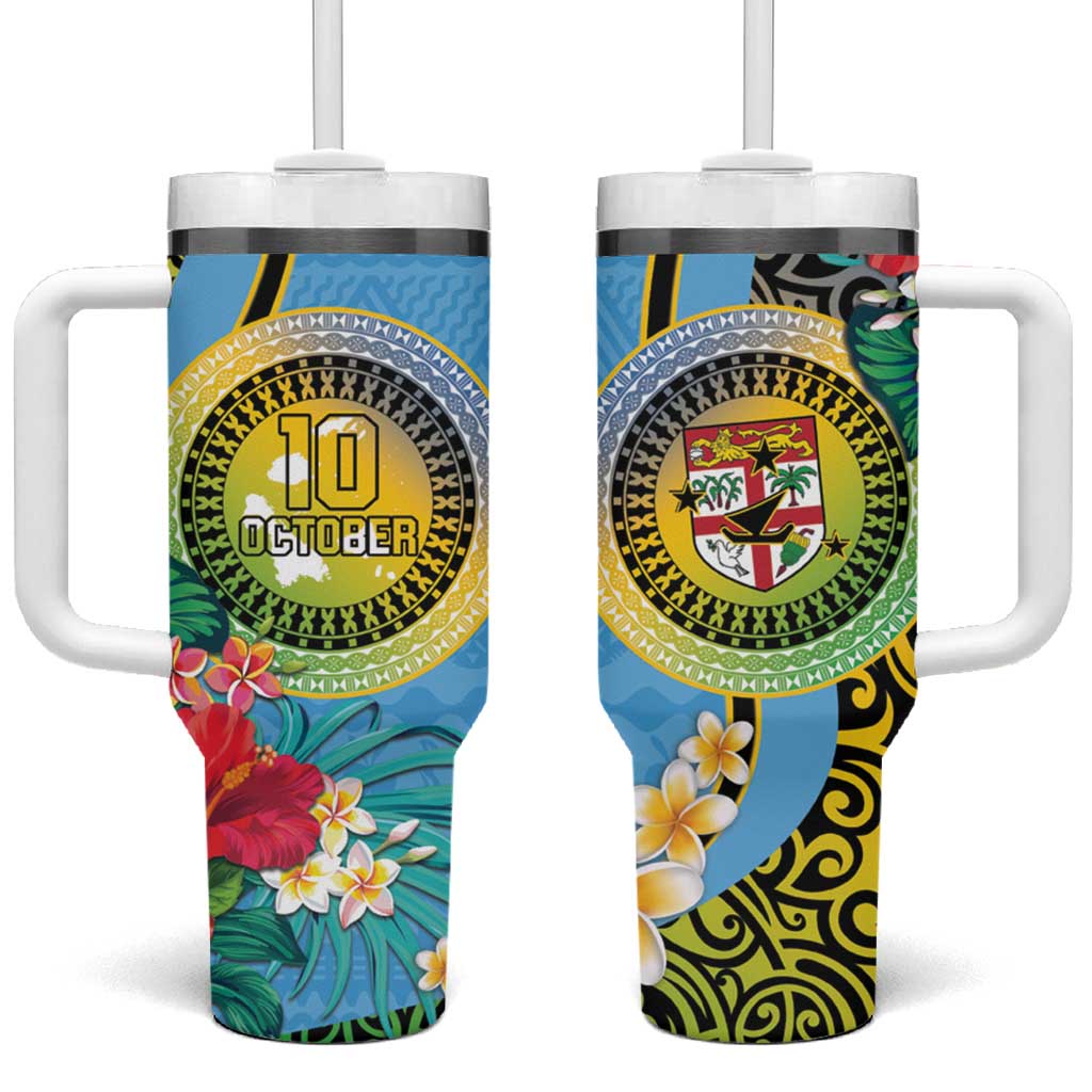 Vanuatu Malampa Fiji Day Tumbler With Handle Happy 10 October With Maps Tropical Flowers