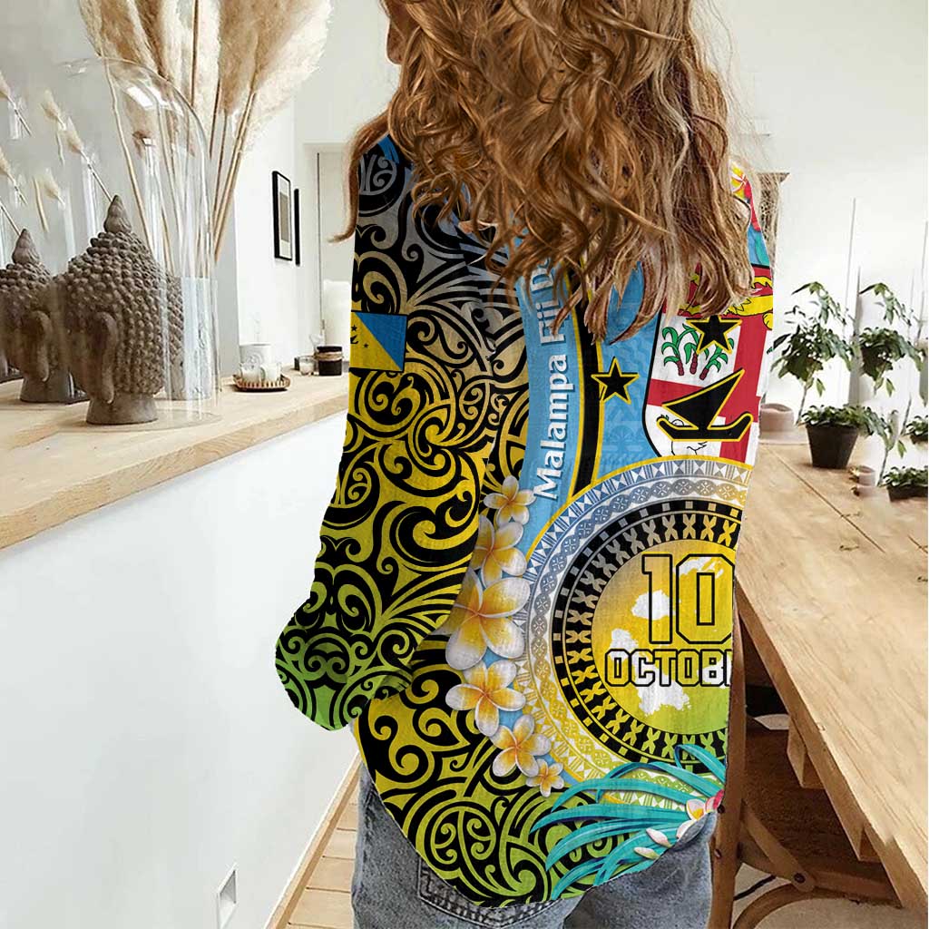 Vanuatu Malampa Fiji Day Women Casual Shirt Happy 10 October With Maps Tropical Flowers