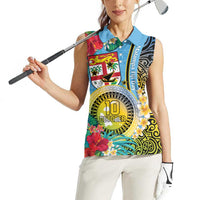 Vanuatu Malampa Fiji Day Women Sleeveless Polo Shirt Happy 10 October With Maps Tropical Flowers