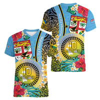 Vanuatu Malampa Fiji Day Women V-Neck T-Shirt Happy 10 October With Maps Tropical Flowers