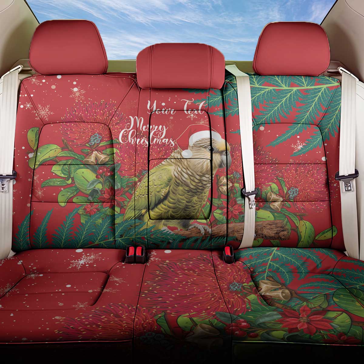 Personalised New Zealand Kakapo Christmas Back Car Seat Cover Meri Kirihimete Silver Fern Mix Pohutukawa