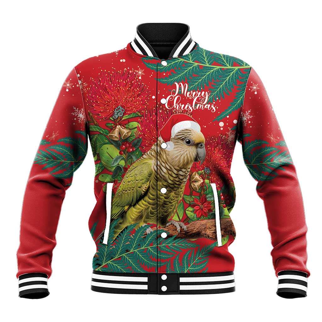Personalised New Zealand Kakapo Christmas Baseball Jacket Meri Kirihimete Silver Fern Mix Pohutukawa LT14 Unisex Red - Polynesian Pride