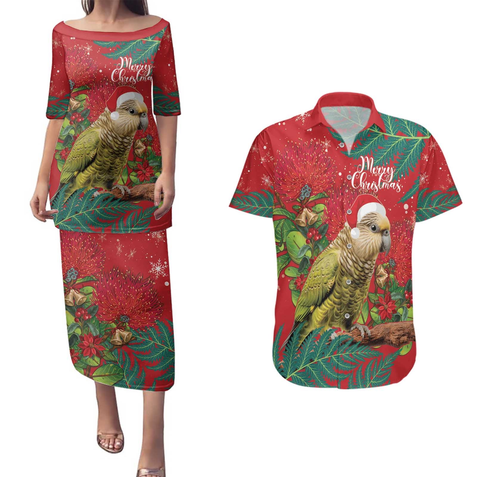 Personalised New Zealand Kakapo Christmas Couples Matching Puletasi and Hawaiian Shirt Meri Kirihimete Silver Fern Mix Pohutukawa LT14 Red - Polynesian Pride