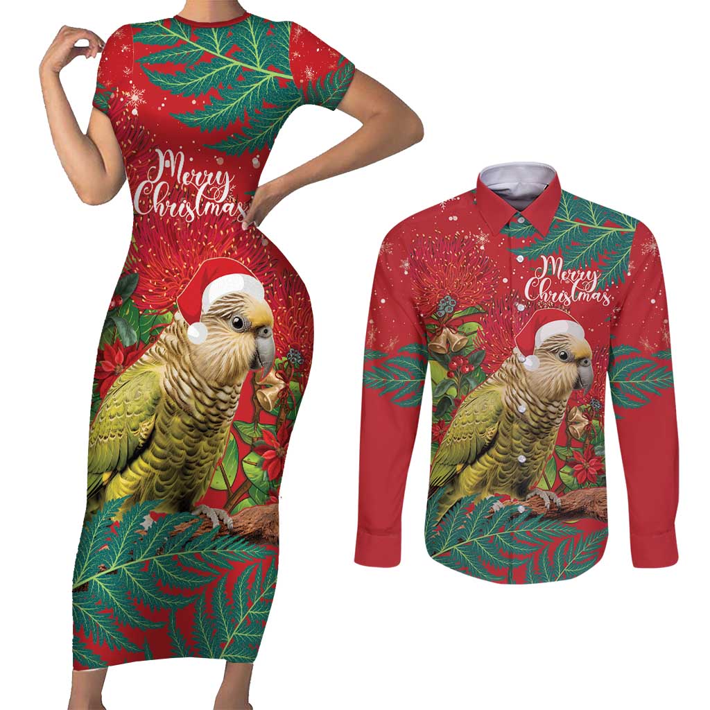 Personalised New Zealand Kakapo Christmas Couples Matching Short Sleeve Bodycon Dress and Long Sleeve Button Shirt Meri Kirihimete Silver Fern Mix Pohutukawa LT14 Red - Polynesian Pride