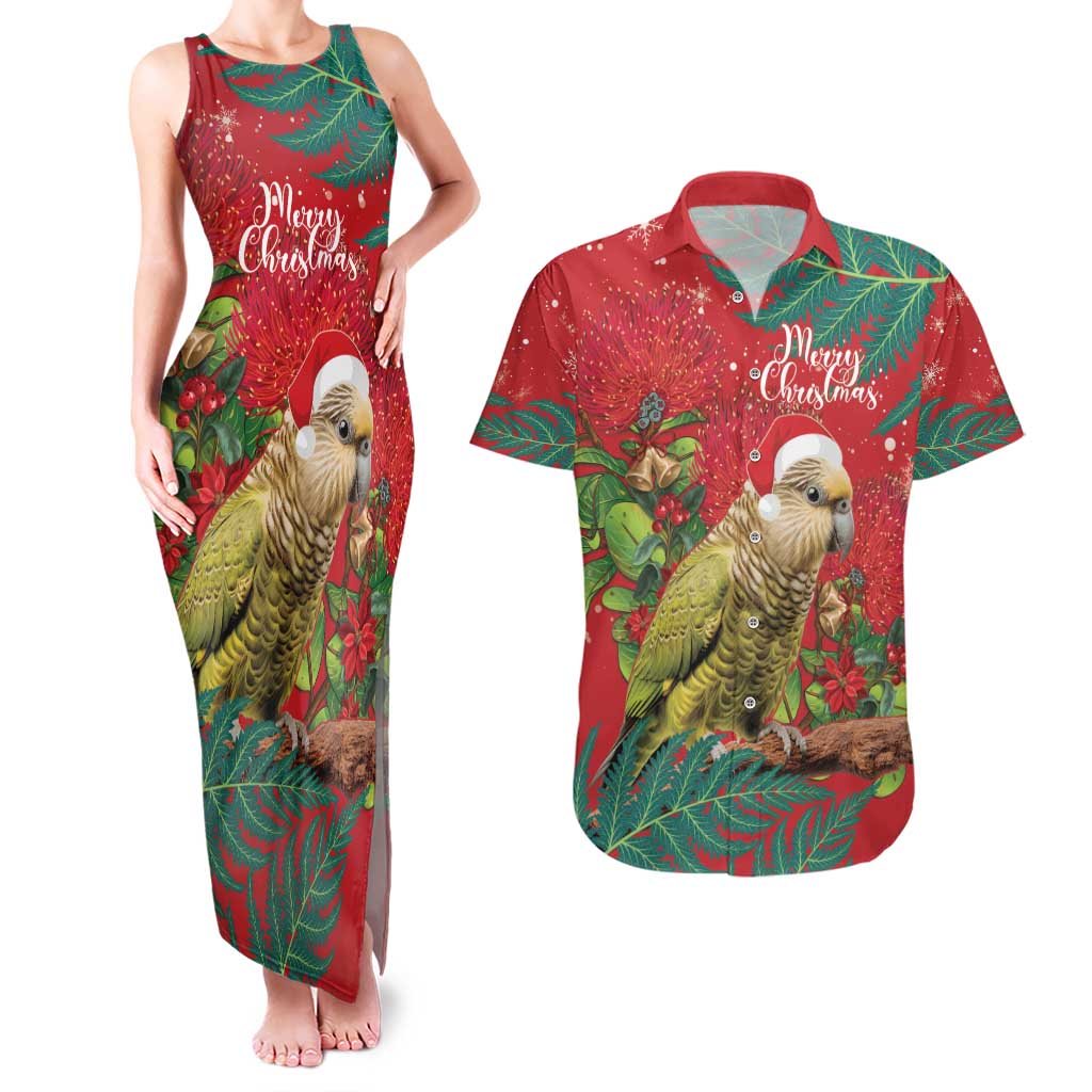 Personalised New Zealand Kakapo Christmas Couples Matching Tank Maxi Dress and Hawaiian Shirt Meri Kirihimete Silver Fern Mix Pohutukawa LT14 Red - Polynesian Pride