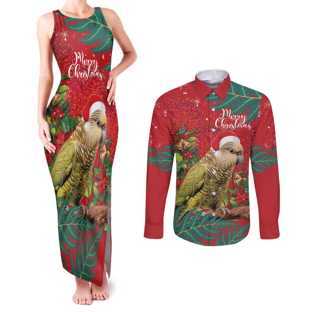 Personalised New Zealand Kakapo Christmas Couples Matching Tank Maxi Dress and Long Sleeve Button Shirt Meri Kirihimete Silver Fern Mix Pohutukawa LT14 Red - Polynesian Pride