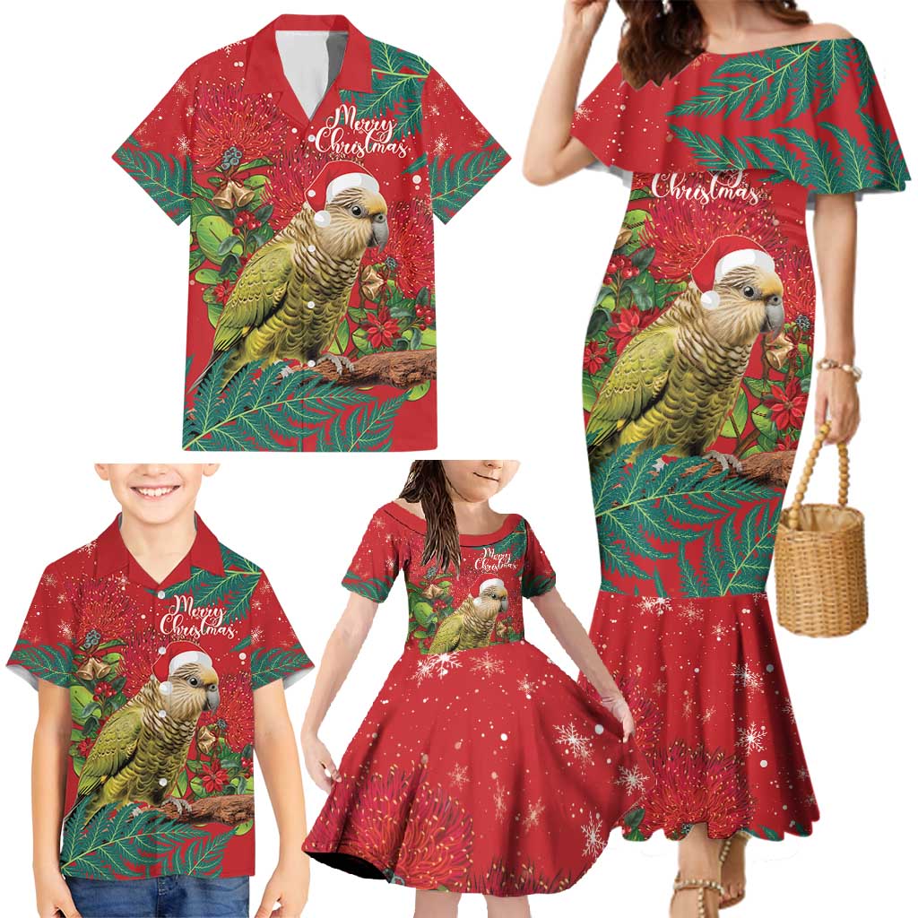 Personalised New Zealand Kakapo Christmas Family Matching Mermaid Dress and Hawaiian Shirt Meri Kirihimete Silver Fern Mix Pohutukawa