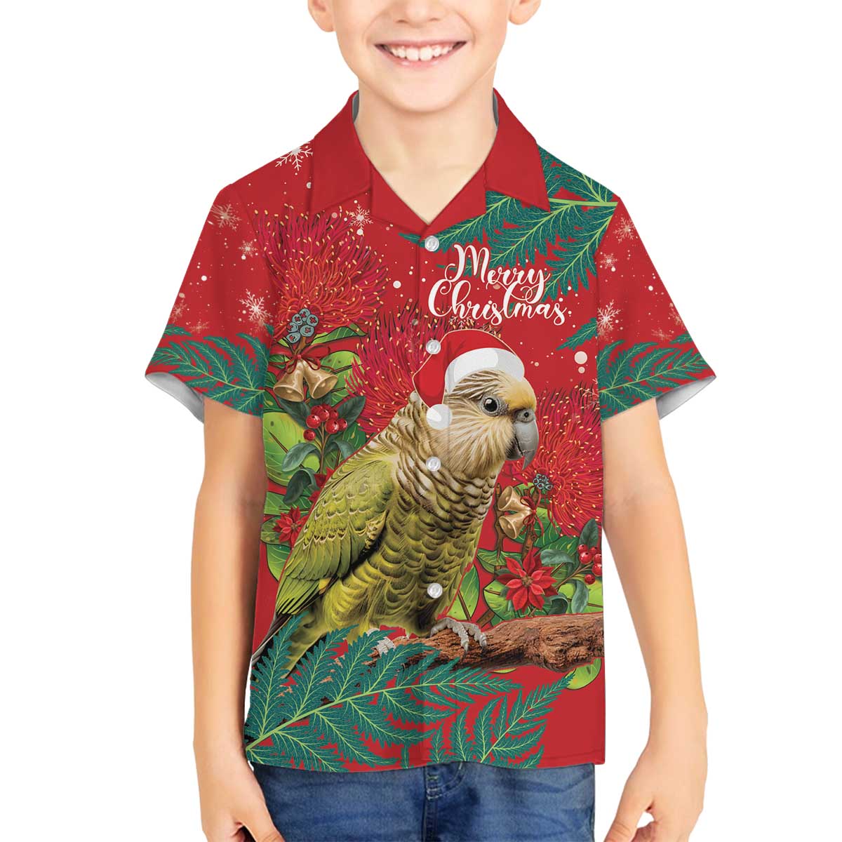 Personalised New Zealand Kakapo Christmas Family Matching Off The Shoulder Long Sleeve Dress and Hawaiian Shirt Meri Kirihimete Silver Fern Mix Pohutukawa