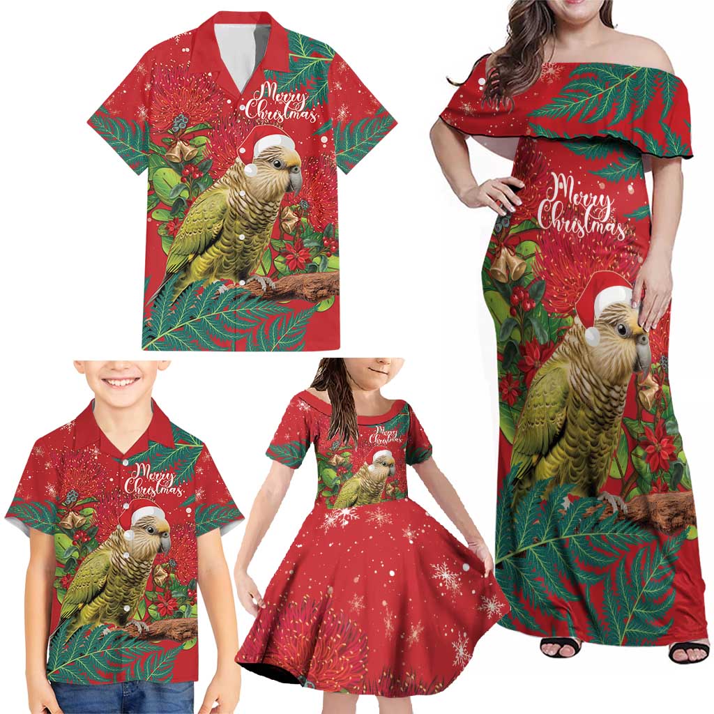 Personalised New Zealand Kakapo Christmas Family Matching Off Shoulder Maxi Dress and Hawaiian Shirt Meri Kirihimete Silver Fern Mix Pohutukawa