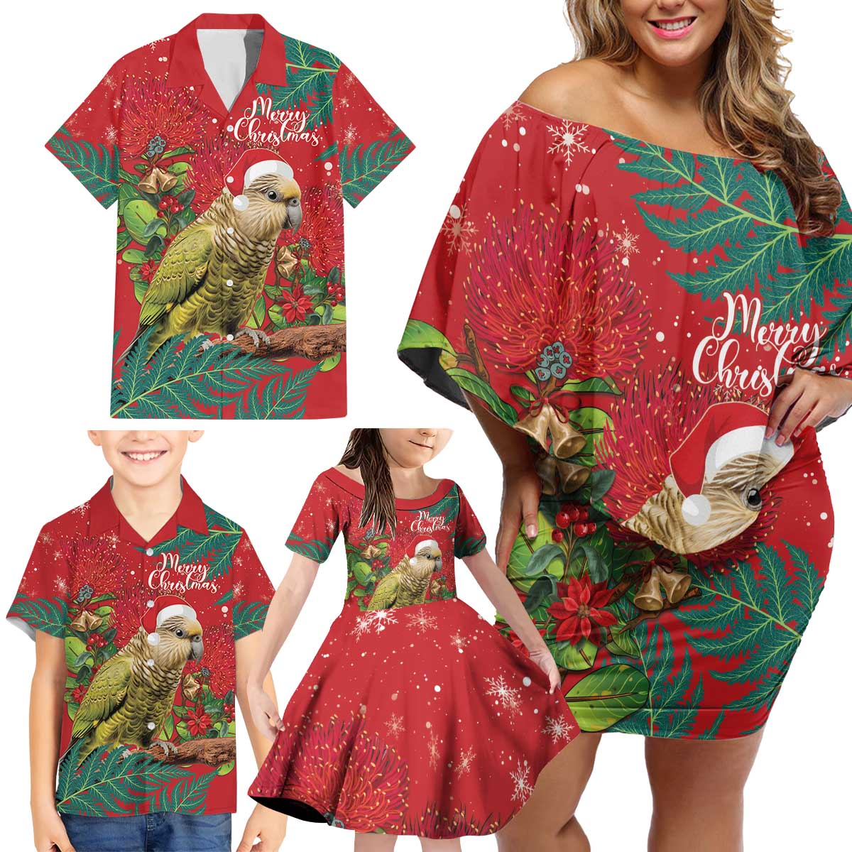 Personalised New Zealand Kakapo Christmas Family Matching Off Shoulder Short Dress and Hawaiian Shirt Meri Kirihimete Silver Fern Mix Pohutukawa