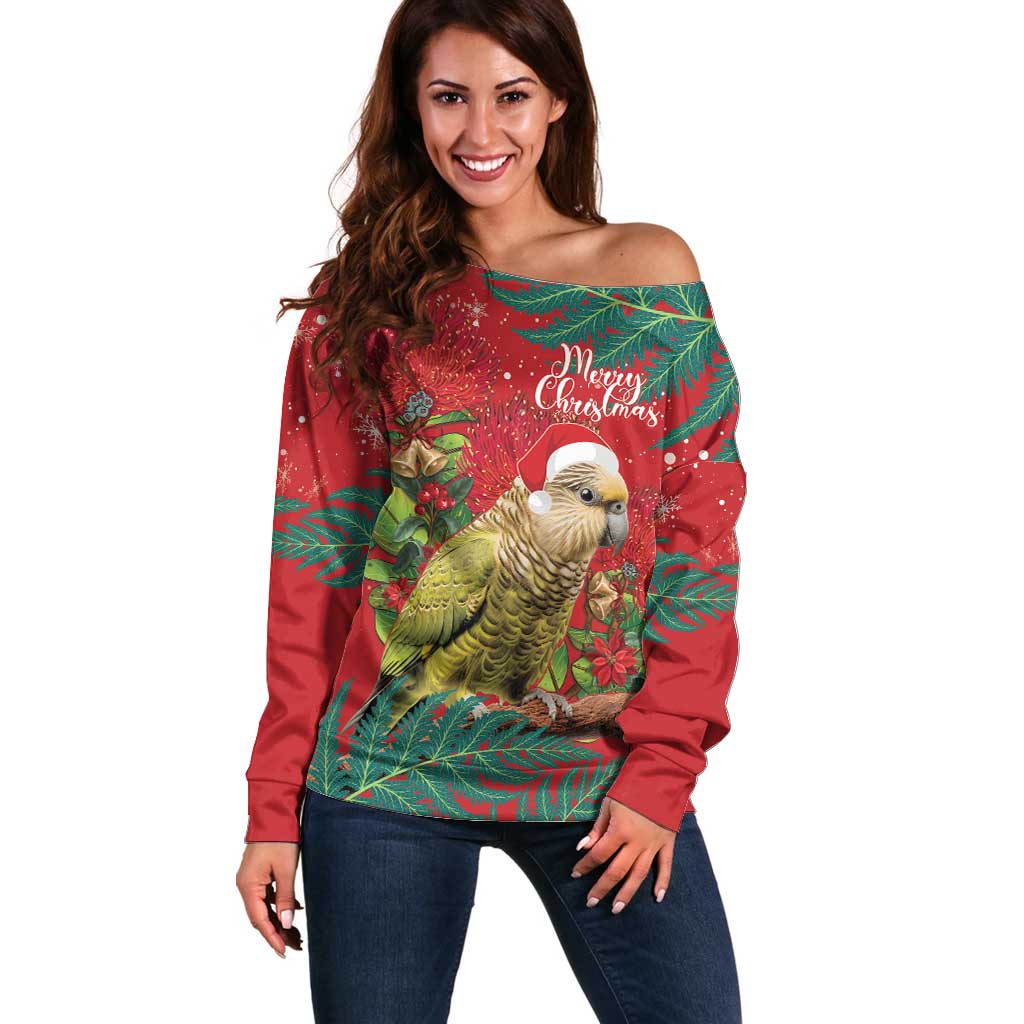 Personalised New Zealand Kakapo Christmas Off Shoulder Sweater Meri Kirihimete Silver Fern Mix Pohutukawa