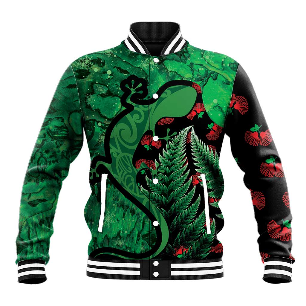 New Zealand Gecko Christmas Baseball Jacket Meri Kirihimete Paua Shell Mix Pohutukawa LT14 Unisex Green - Polynesian Pride