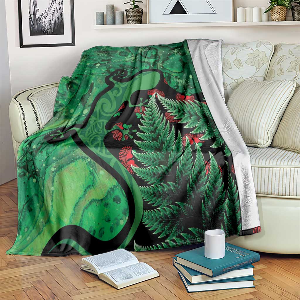 New Zealand Gecko Christmas Blanket Meri Kirihimete Paua Shell Mix Pohutukawa LT14 Green - Polynesian Pride