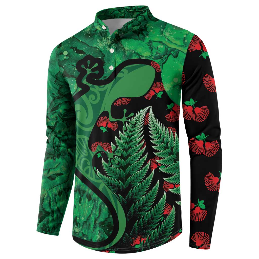 New Zealand Gecko Christmas Button Sweatshirt Meri Kirihimete Paua Shell Mix Pohutukawa LT14 - Polynesian Pride