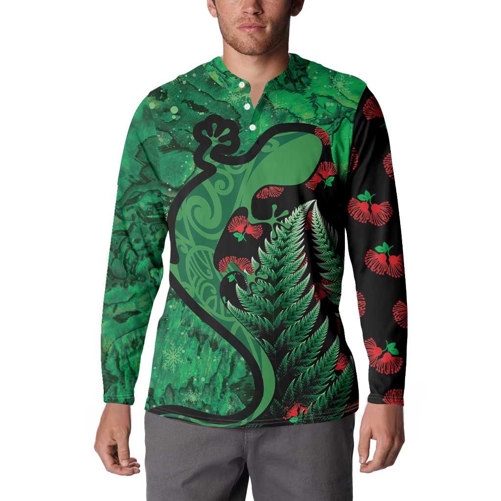 New Zealand Gecko Christmas Button Sweatshirt Meri Kirihimete Paua Shell Mix Pohutukawa LT14 - Polynesian Pride