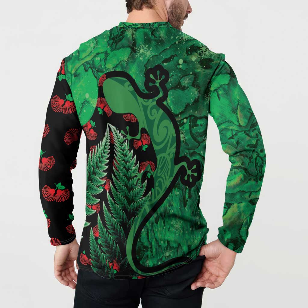 New Zealand Gecko Christmas Button Sweatshirt Meri Kirihimete Paua Shell Mix Pohutukawa LT14 - Polynesian Pride