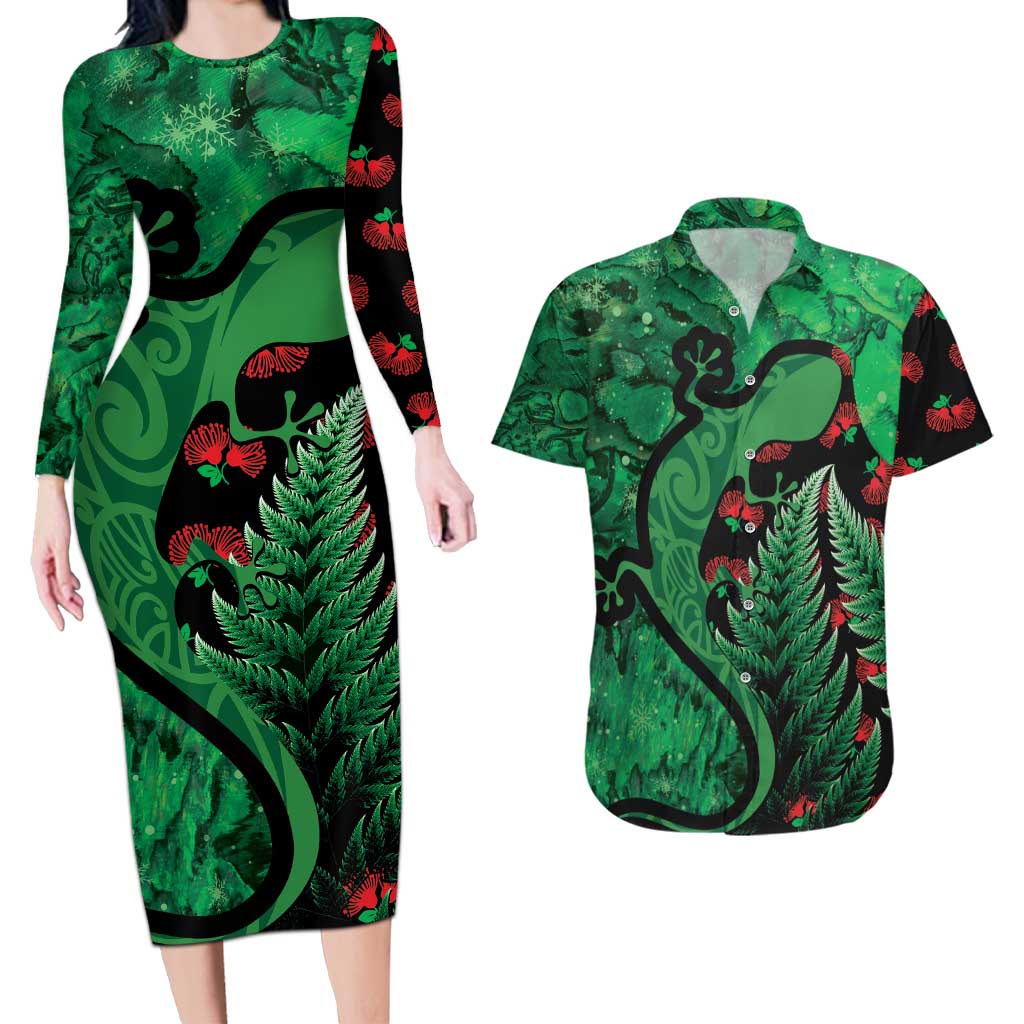 New Zealand Gecko Christmas Couples Matching Long Sleeve Bodycon Dress and Hawaiian Shirt Meri Kirihimete Paua Shell Mix Pohutukawa