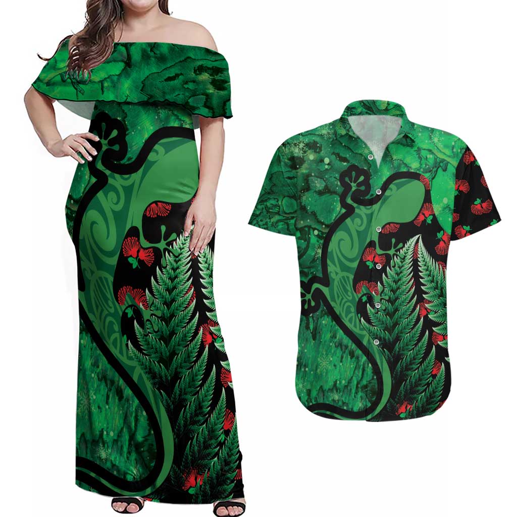 New Zealand Gecko Christmas Couples Matching Off Shoulder Maxi Dress and Hawaiian Shirt Meri Kirihimete Paua Shell Mix Pohutukawa