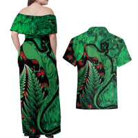 New Zealand Gecko Christmas Couples Matching Off Shoulder Maxi Dress and Hawaiian Shirt Meri Kirihimete Paua Shell Mix Pohutukawa