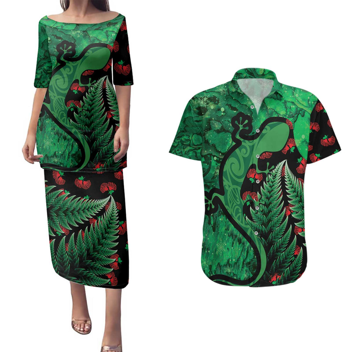 New Zealand Gecko Christmas Couples Matching Puletasi and Hawaiian Shirt Meri Kirihimete Paua Shell Mix Pohutukawa