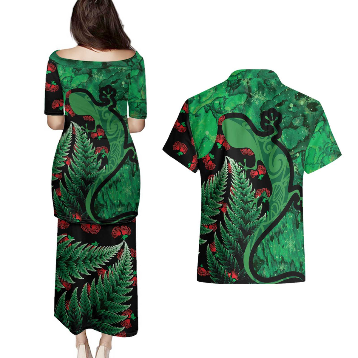 New Zealand Gecko Christmas Couples Matching Puletasi and Hawaiian Shirt Meri Kirihimete Paua Shell Mix Pohutukawa