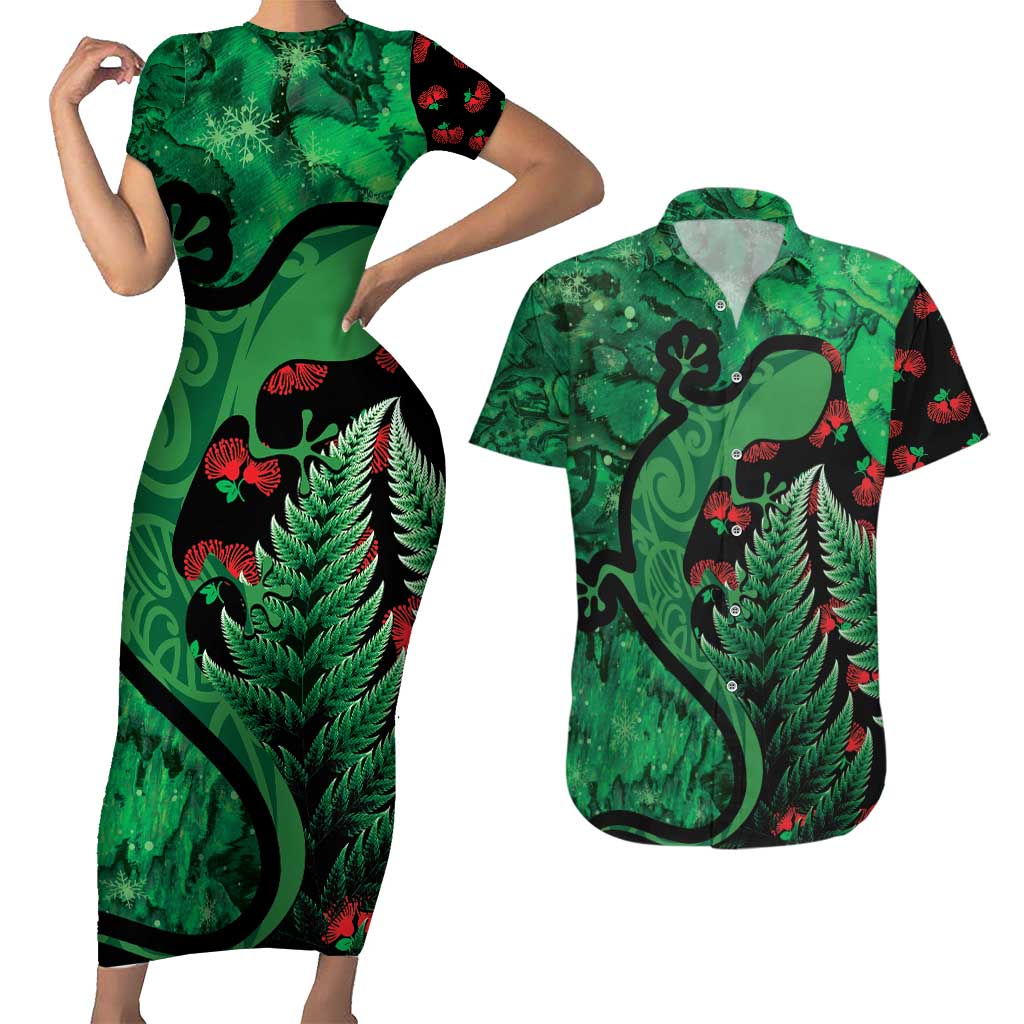 New Zealand Gecko Christmas Couples Matching Short Sleeve Bodycon Dress and Hawaiian Shirt Meri Kirihimete Paua Shell Mix Pohutukawa LT14 Green - Polynesian Pride