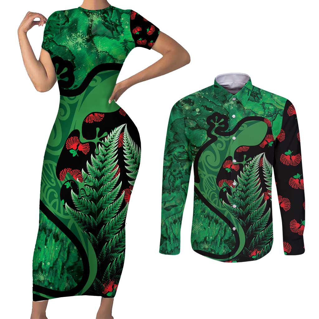 New Zealand Gecko Christmas Couples Matching Short Sleeve Bodycon Dress and Long Sleeve Button Shirt Meri Kirihimete Paua Shell Mix Pohutukawa LT14 Green - Polynesian Pride