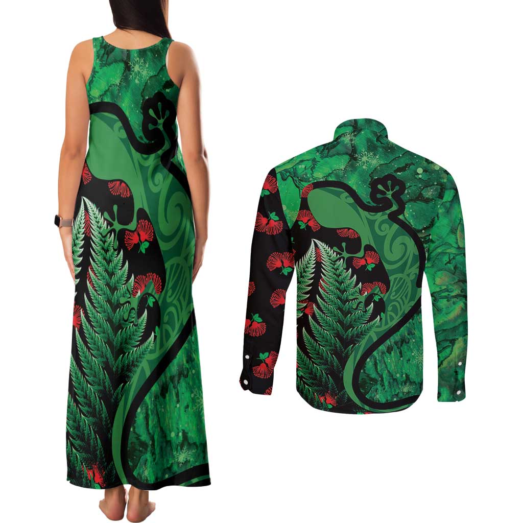 New Zealand Gecko Christmas Couples Matching Tank Maxi Dress and Long Sleeve Button Shirt Meri Kirihimete Paua Shell Mix Pohutukawa