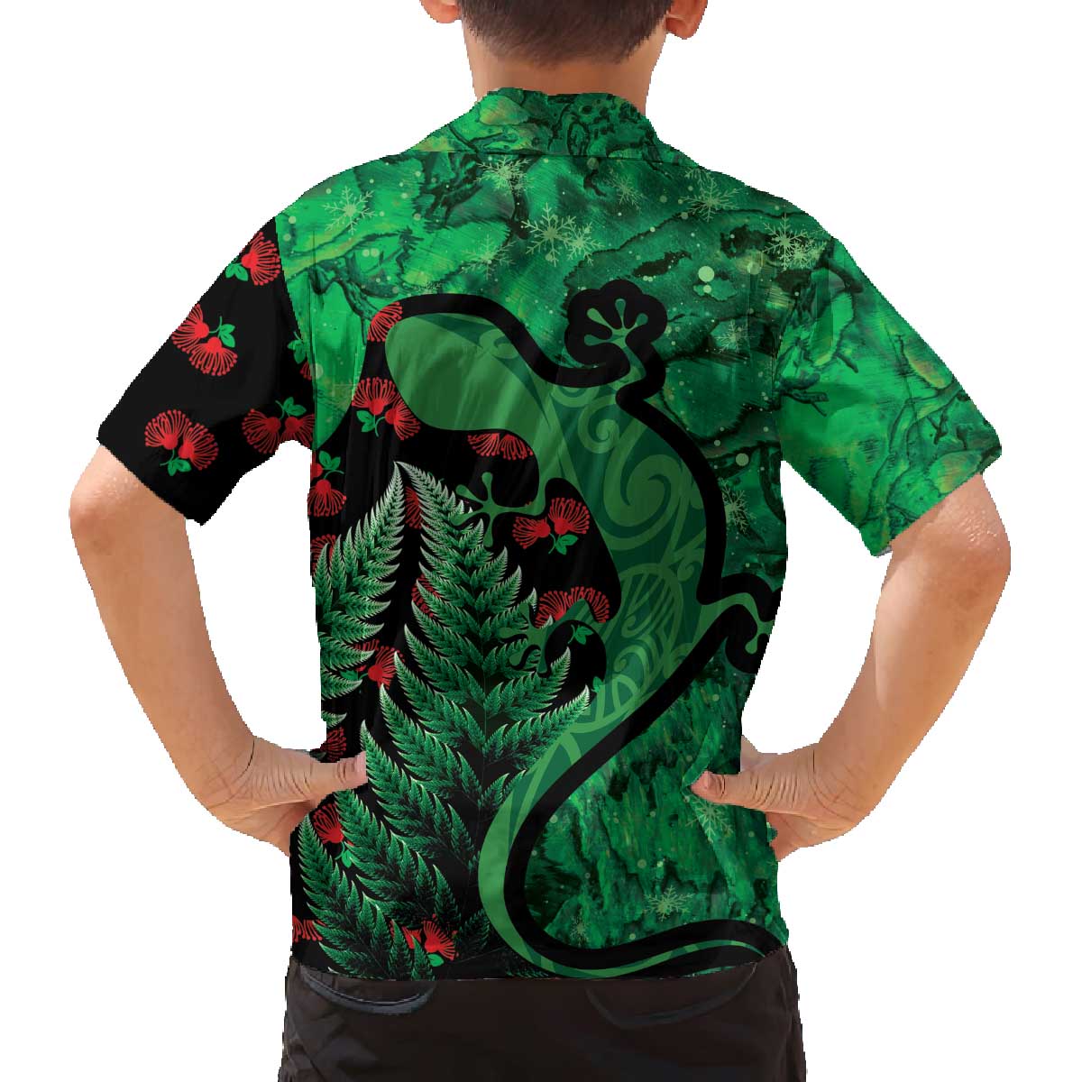 New Zealand Gecko Christmas Family Matching Off Shoulder Short Dress and Hawaiian Shirt Meri Kirihimete Paua Shell Mix Pohutukawa