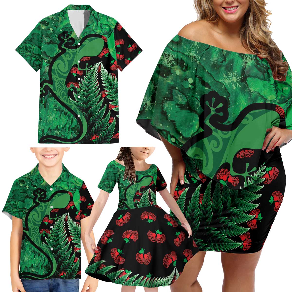 New Zealand Gecko Christmas Family Matching Off Shoulder Short Dress and Hawaiian Shirt Meri Kirihimete Paua Shell Mix Pohutukawa