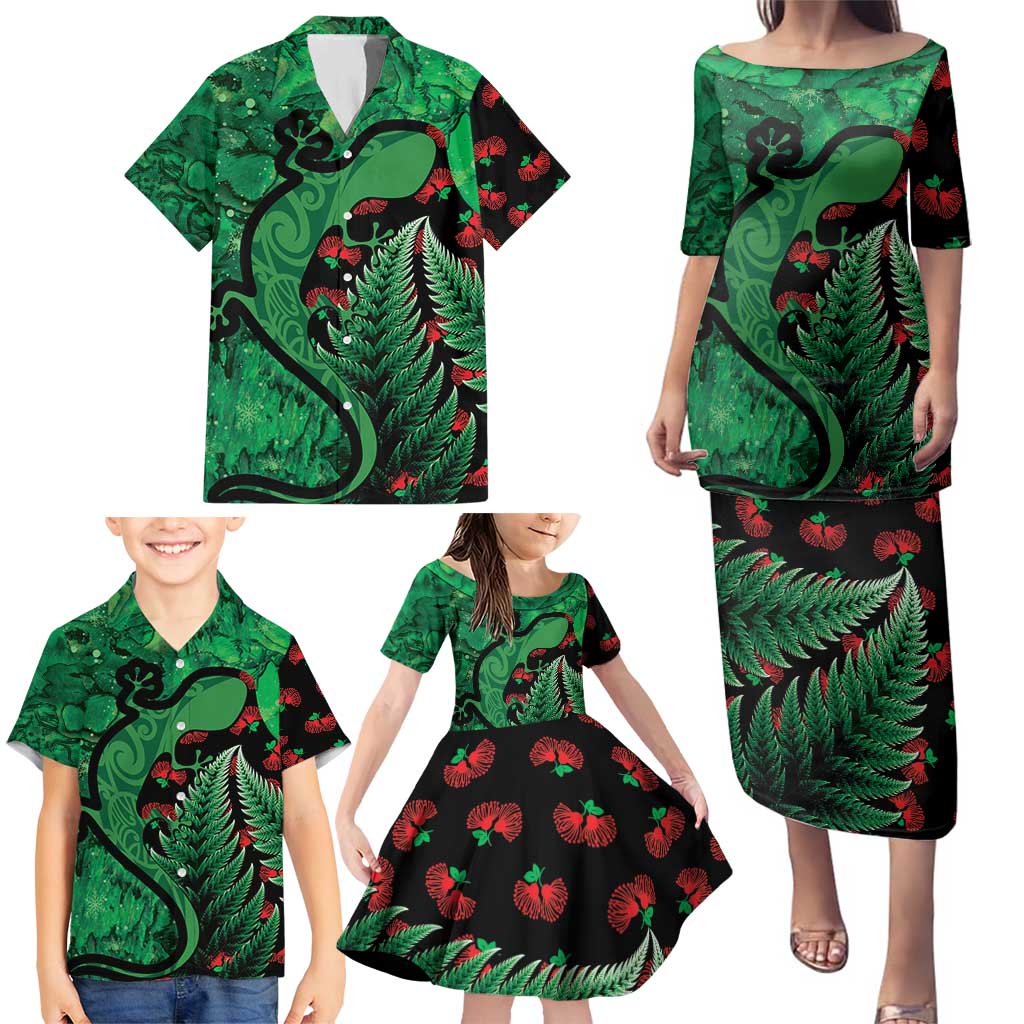 New Zealand Gecko Christmas Family Matching Puletasi and Hawaiian Shirt Meri Kirihimete Paua Shell Mix Pohutukawa