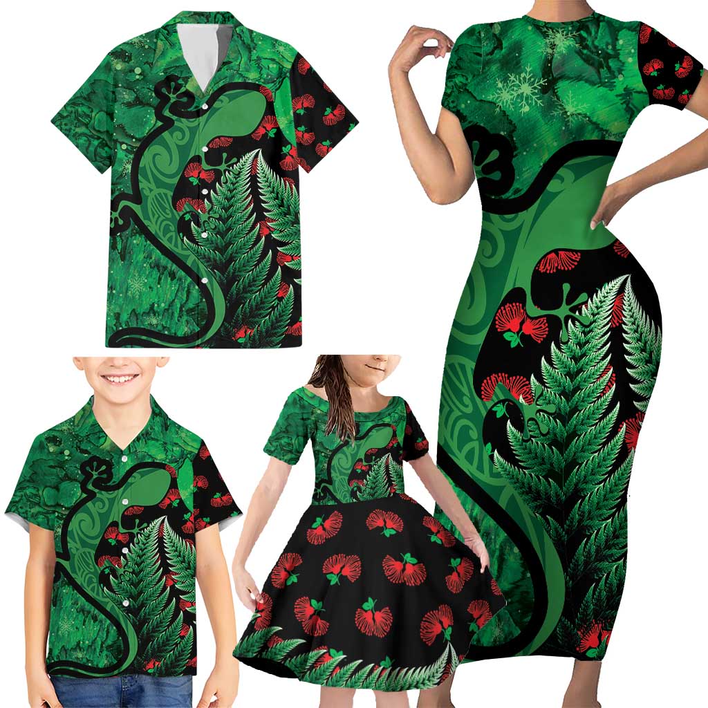 New Zealand Gecko Christmas Family Matching Short Sleeve Bodycon Dress and Hawaiian Shirt Meri Kirihimete Paua Shell Mix Pohutukawa