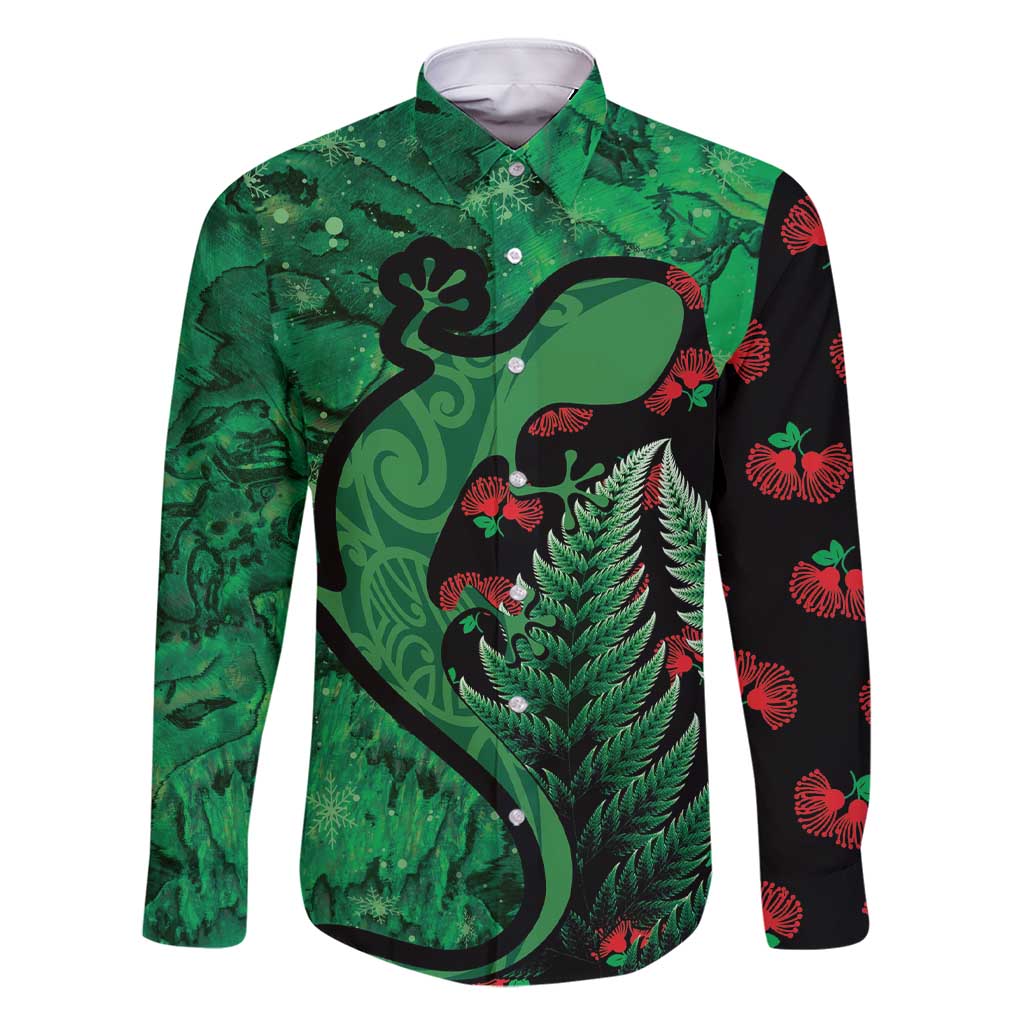 New Zealand Gecko Christmas Family Matching Short Sleeve Bodycon Dress and Hawaiian Shirt Meri Kirihimete Paua Shell Mix Pohutukawa