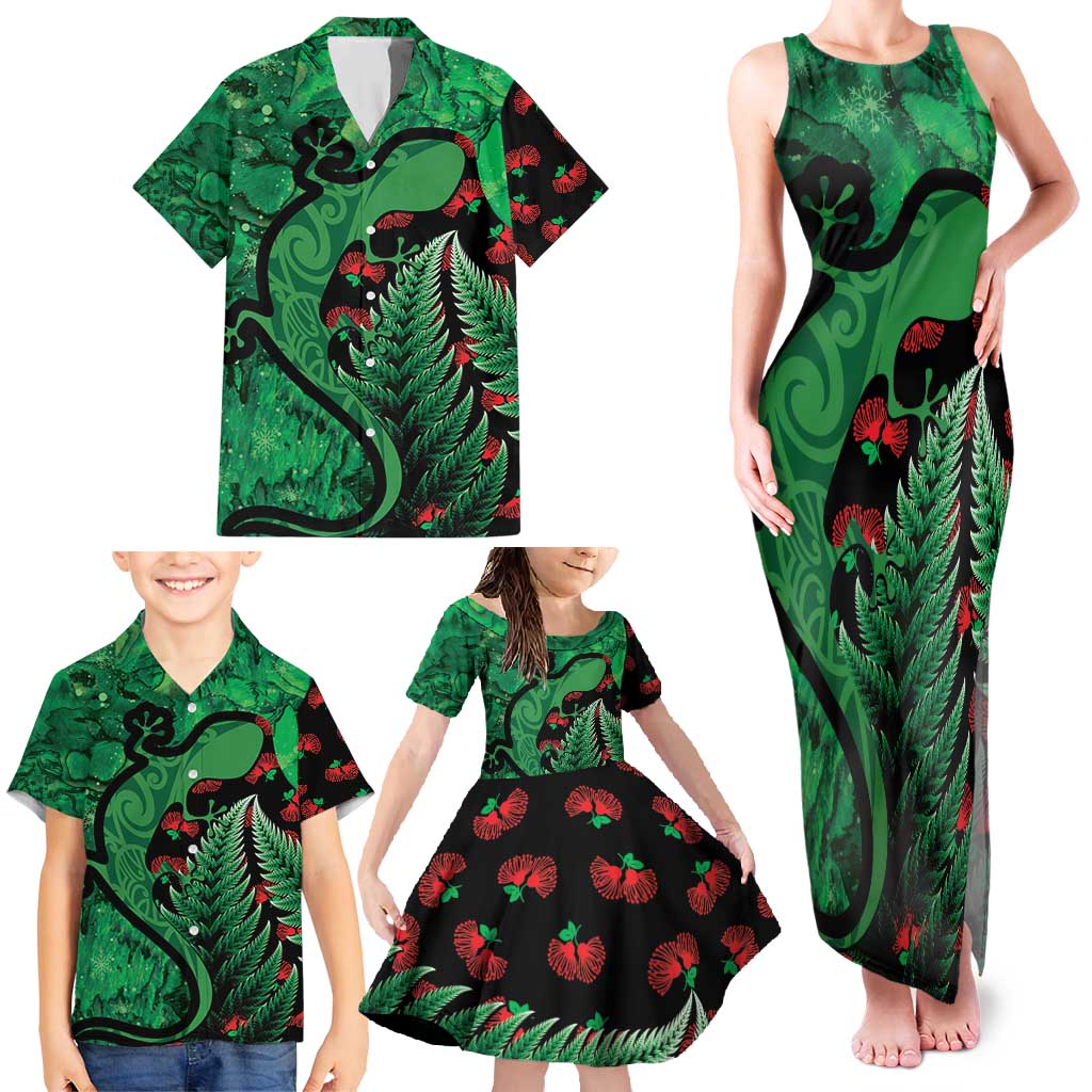 New Zealand Gecko Christmas Family Matching Tank Maxi Dress and Hawaiian Shirt Meri Kirihimete Paua Shell Mix Pohutukawa LT14 - Polynesian Pride