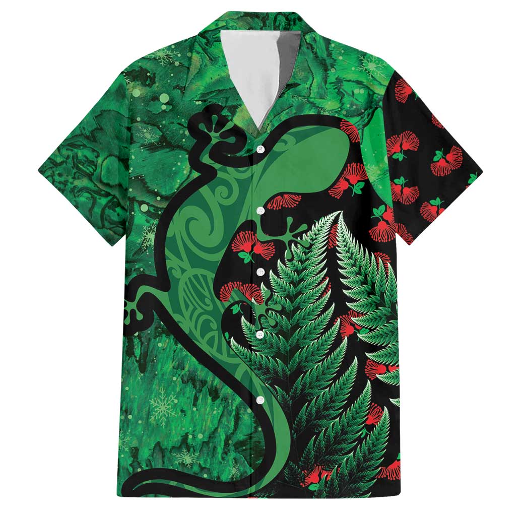 New Zealand Gecko Christmas Hawaiian Shirt Meri Kirihimete Paua Shell Mix Pohutukawa