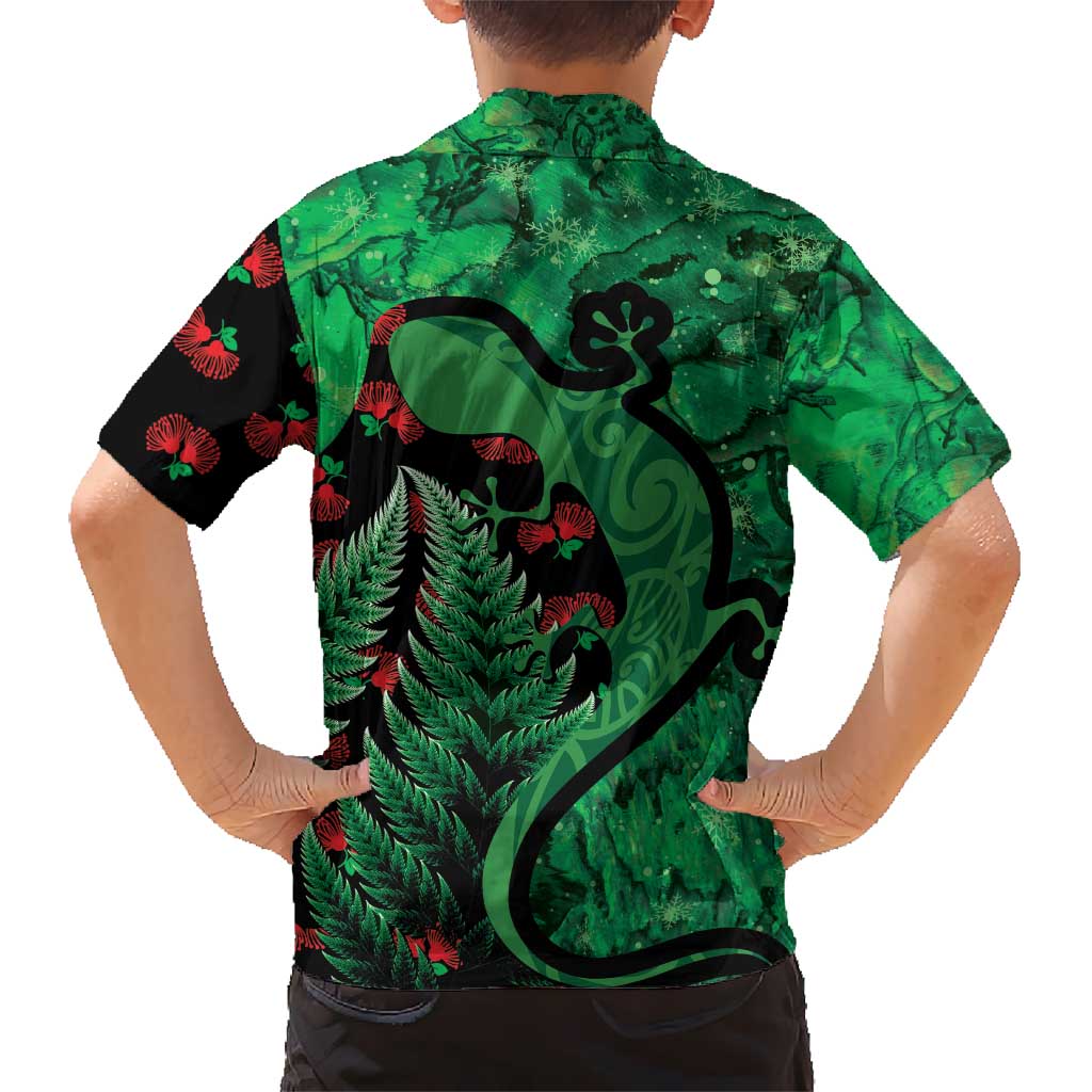 New Zealand Gecko Christmas Hawaiian Shirt Meri Kirihimete Paua Shell Mix Pohutukawa