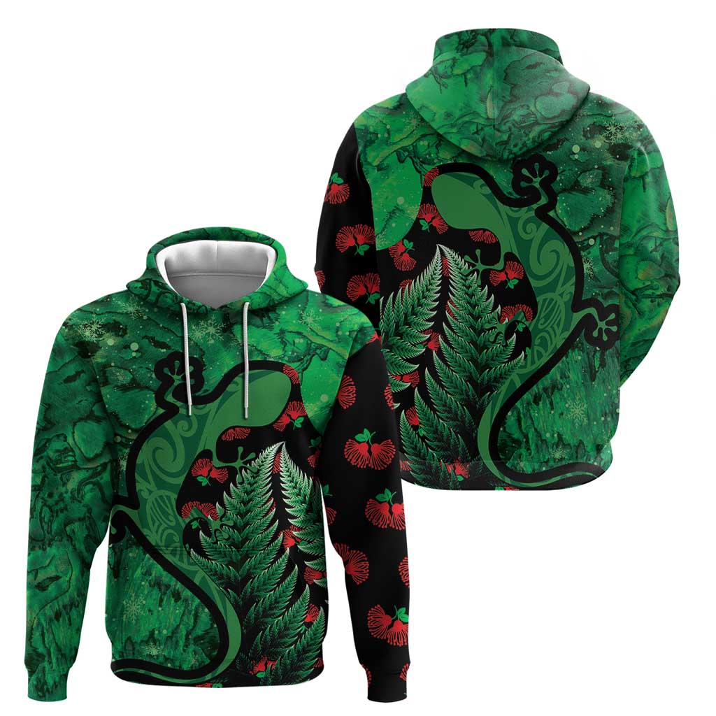New Zealand Gecko Christmas Hoodie Meri Kirihimete Paua Shell Mix Pohutukawa