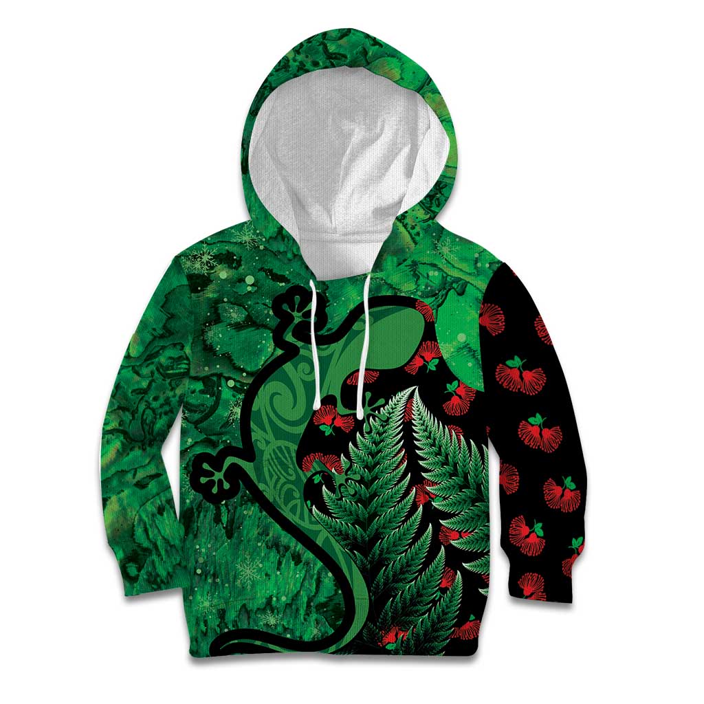 New Zealand Gecko Christmas Kid Hoodie Meri Kirihimete Paua Shell Mix Pohutukawa