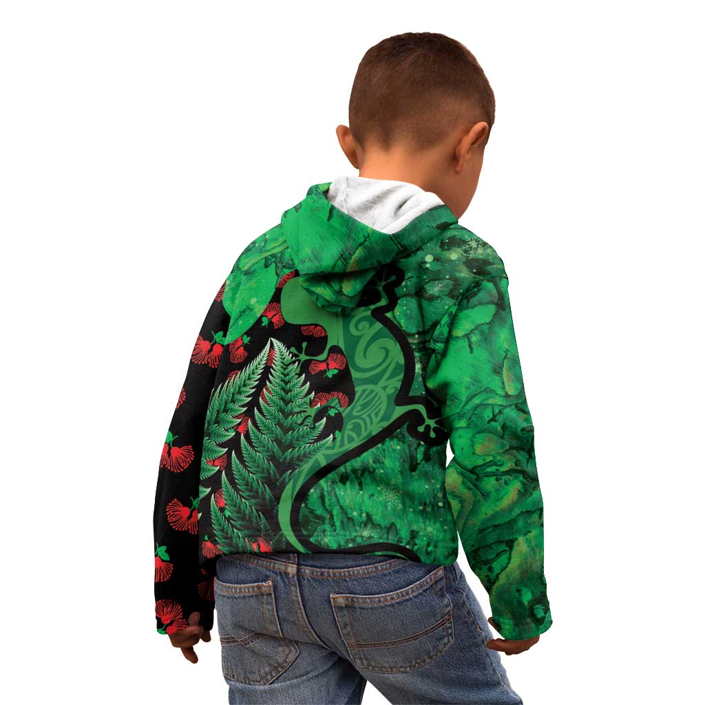 New Zealand Gecko Christmas Kid Hoodie Meri Kirihimete Paua Shell Mix Pohutukawa