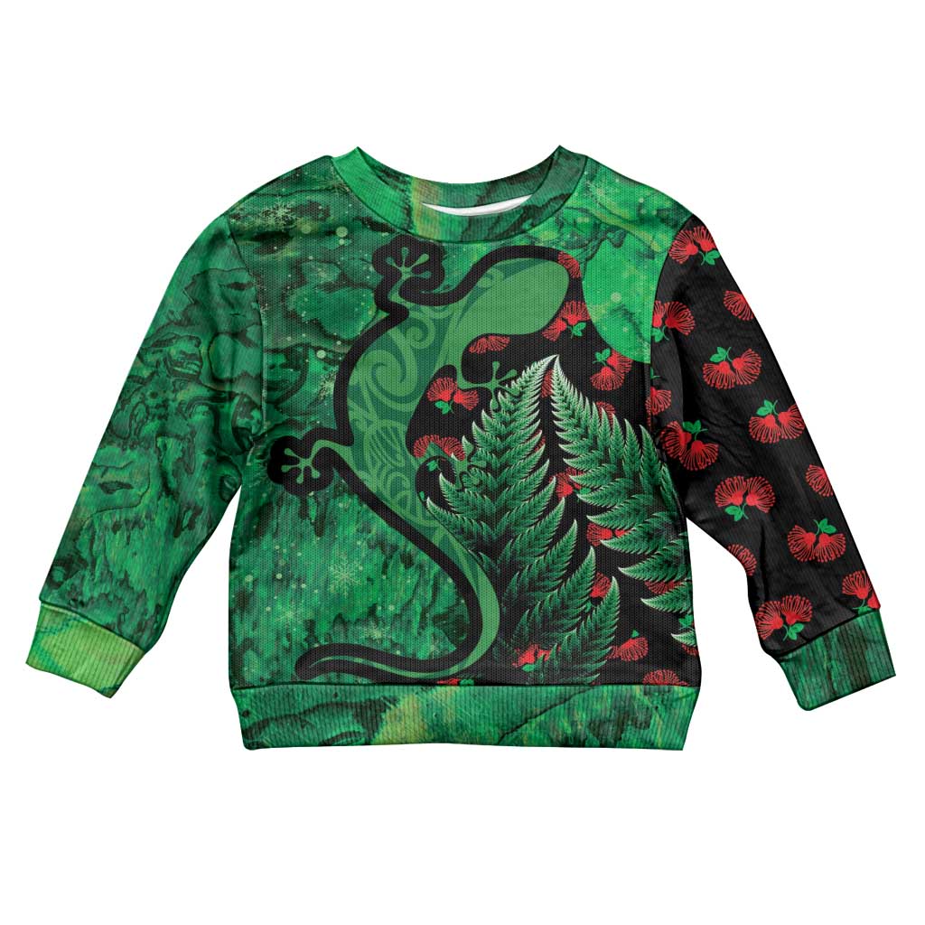 New Zealand Gecko Christmas Kid Ugly Christmas Sweater Meri Kirihimete Paua Shell Mix Pohutukawa