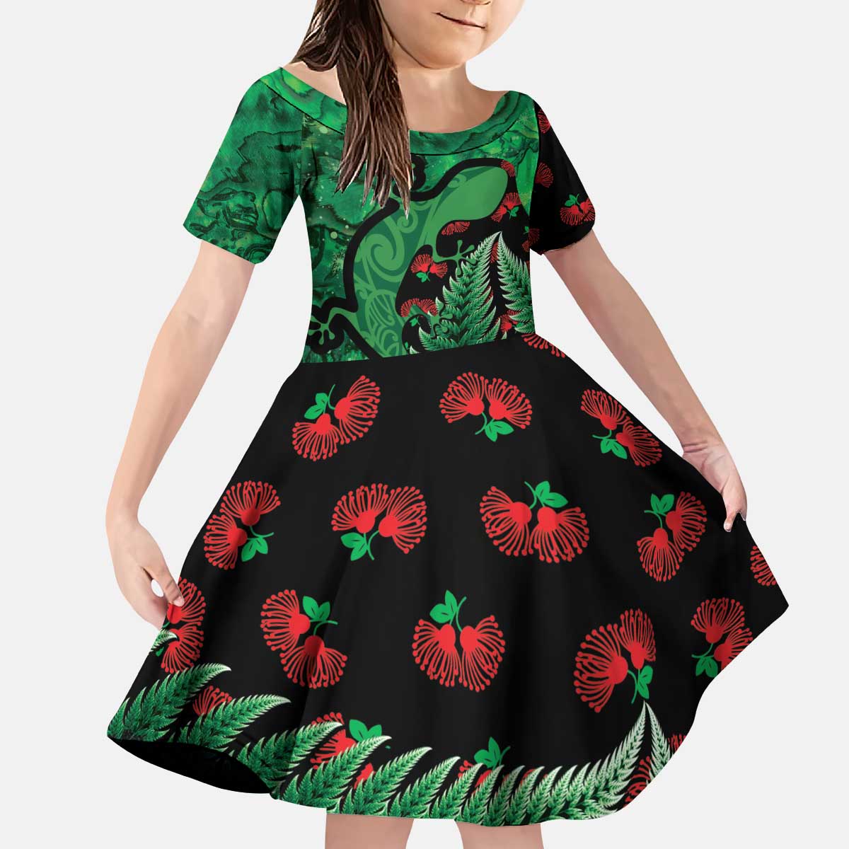 New Zealand Gecko Christmas Kid Short Sleeve Dress Meri Kirihimete Paua Shell Mix Pohutukawa