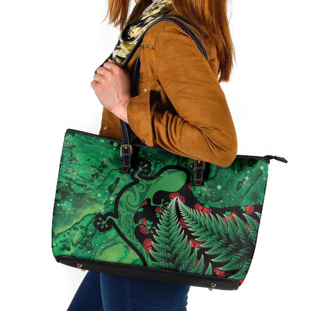 New Zealand Gecko Christmas Leather Tote Bag Meri Kirihimete Paua Shell Mix Pohutukawa