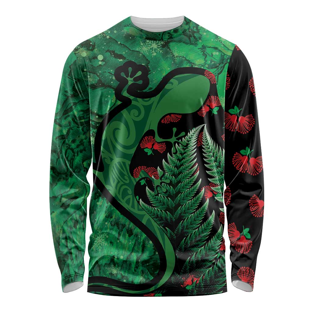 New Zealand Gecko Christmas Long Sleeve Shirt Meri Kirihimete Paua Shell Mix Pohutukawa