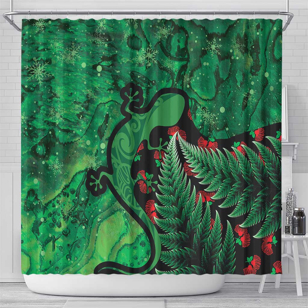 New Zealand Gecko Christmas Shower Curtain Meri Kirihimete Paua Shell Mix Pohutukawa